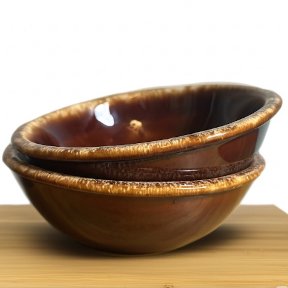 2 Hull Stoneware Brown Drip Bowls